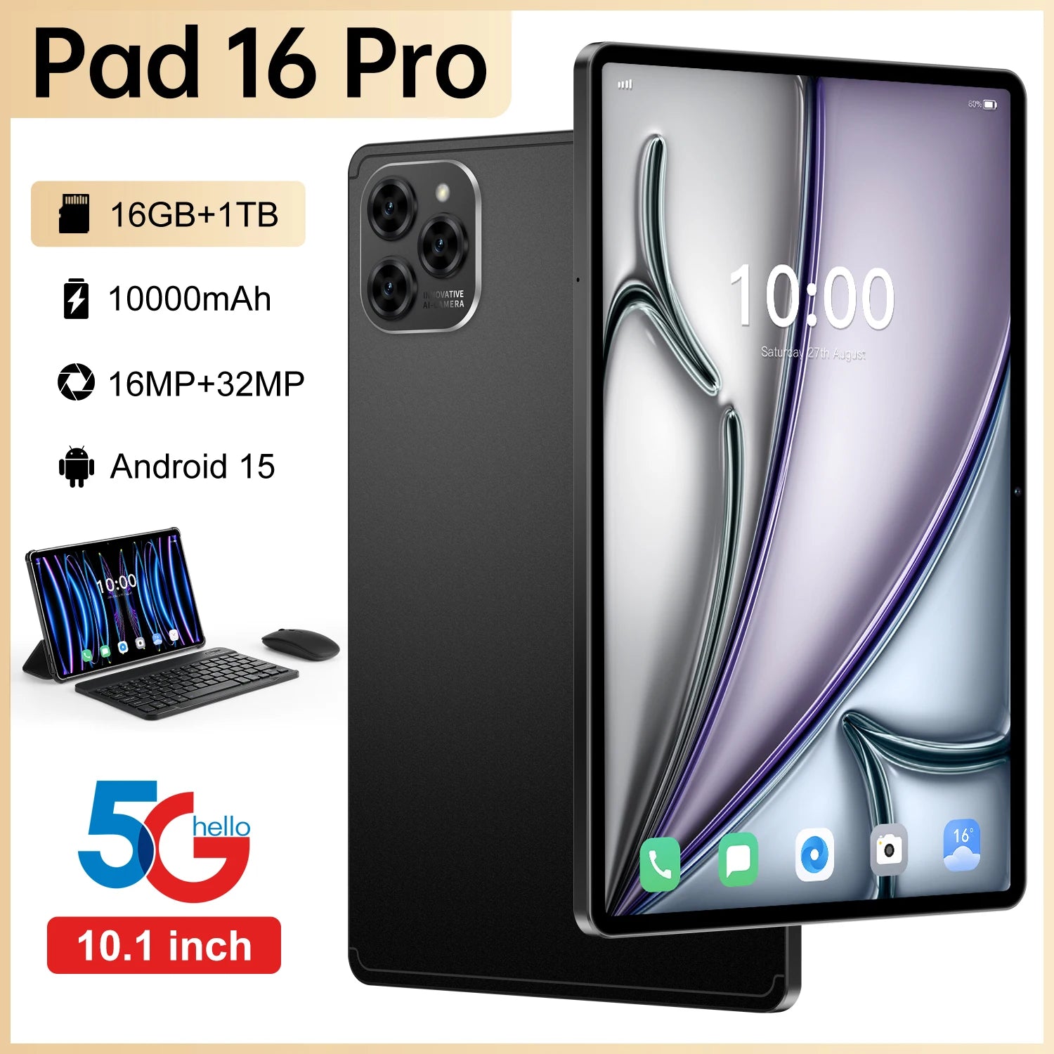 Hot-Selling 10.1" HD Octa Core Android 15 Tablet PC 16 Pro 16MP+32MP MTK 4G/5G 16GB Capacitive Screen