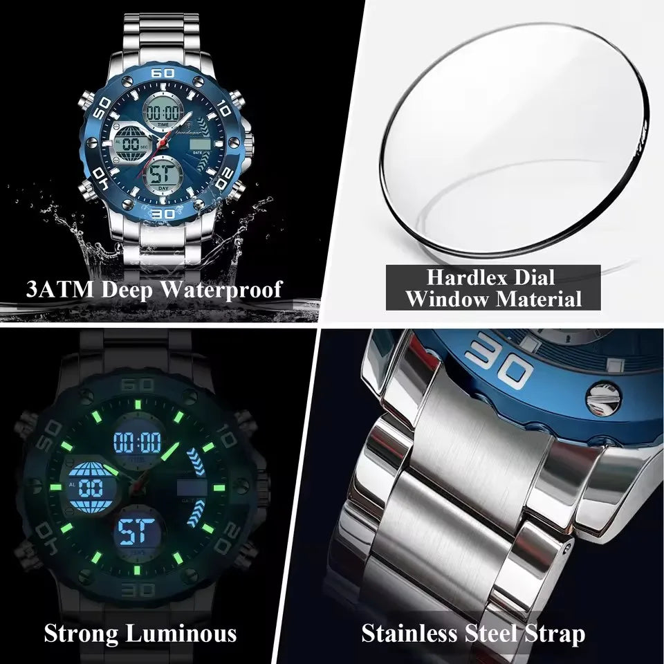 POEDAGAR Classic Men Clock Waterproof Luminous LED Date Week Chronograph Man Watch Dual Digital Display Quartz Men's Watches
