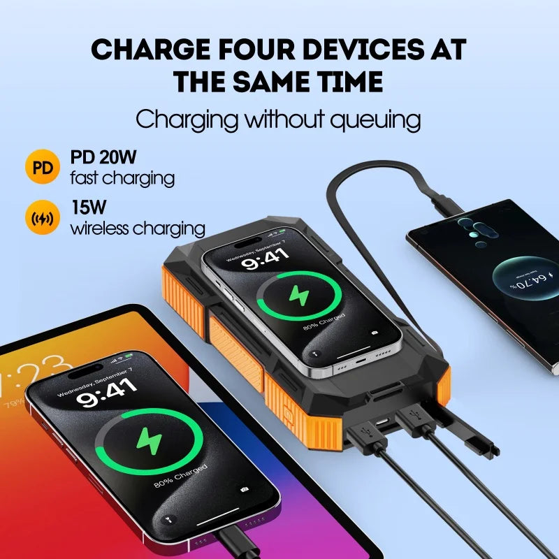 USA Stock Retractable USB C Cable Solar Power Bank 30000mAh 20000mAh Portable Battery Fast Charging Magnetic Wireless Charger