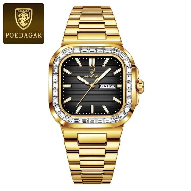 POEDAGAR Luxury Watch for Men Waterproof Luminous Date Week Man Wristwatch Stainless Steel Square Diamond Quartz Men's Watches