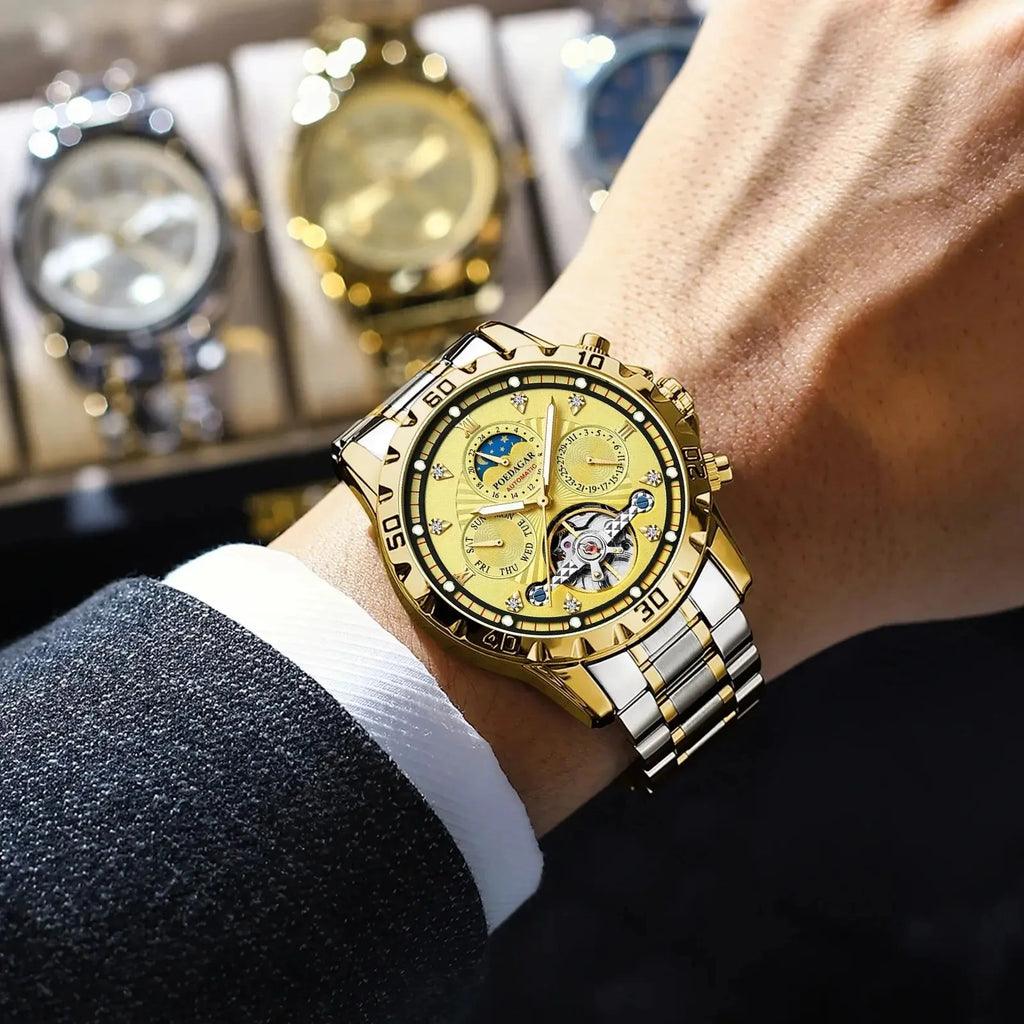 POEDAGAR Luxury Automatic Mechanical Men Watch Tourbillon Waterproof Luminous Date Week Wristwatch Stainless Steel Men's Watches