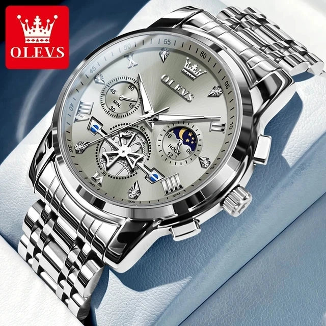 OLEVS Luxury Men's Watches Classic Roman Scale Flywheel Moon Phase Waterproof Quartz Watch for Men Classic 2856 Chronograph