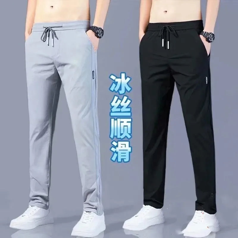 M-5XL Men's Casual Pants Men's Straight Tube Loose and Trendy Sports Pants Summer Ultra-thin Ice Silk Pants