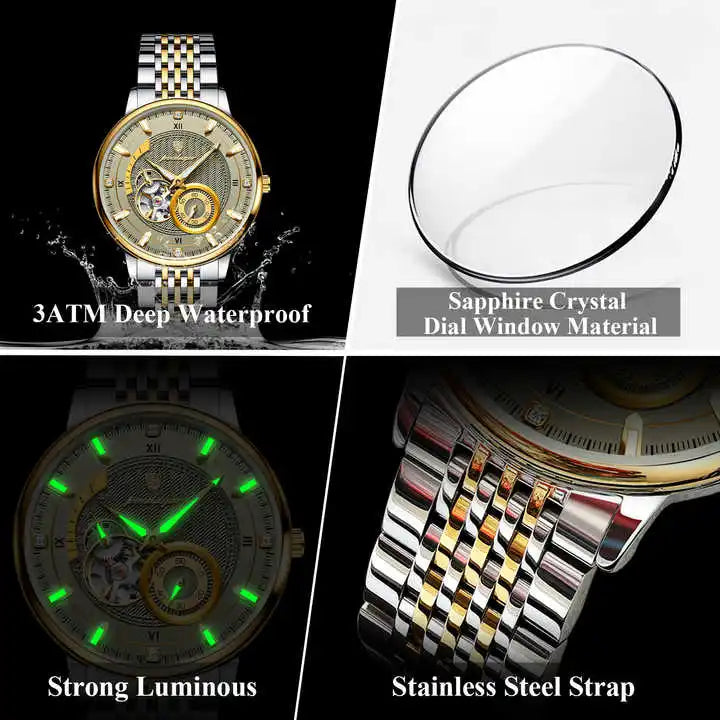 POEDAGAR 1416 Top Luxury Men Luminous Hollow Tourbillon Automatic Man Wristwatch Mechanical Stainless Steel Men's Watches Reloj