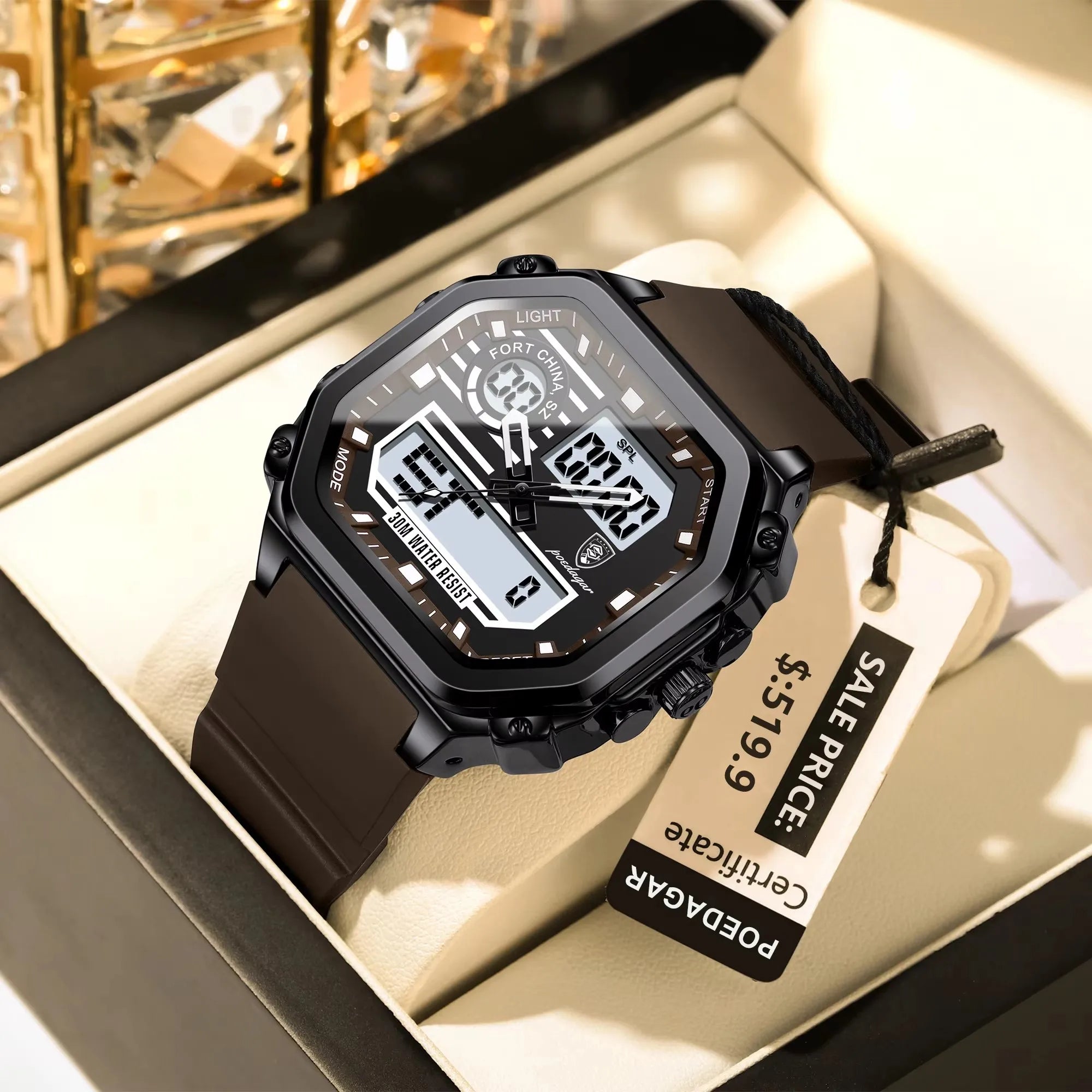 POEDAGAR 993 Sports LED Men Watch Waterproof Luminous Week Date Square Wristwatch Silicone Strap Electronic Quartz Men's Watches
