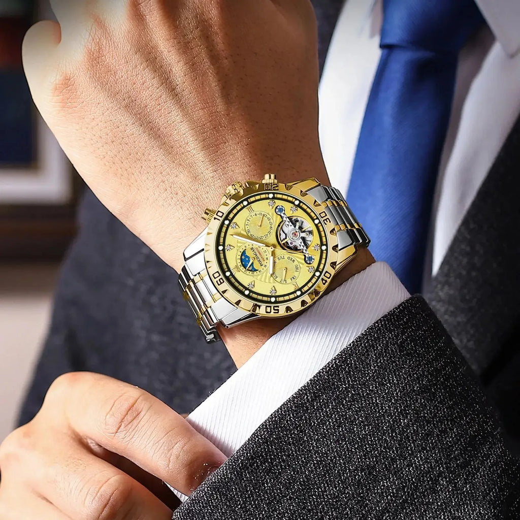 POEDAGAR 1412 Luxury Automatic Mechanical Tourbillon Waterproof Luminous Date Week Men Wristwatch Stainless Steel Men's Watches