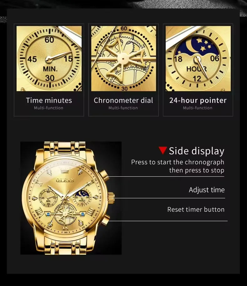 OLEVS Luxury Men's Watches Classic Roman Scale Flywheel Moon Phase Waterproof Quartz Watch for Men Classic 2856 Chronograph
