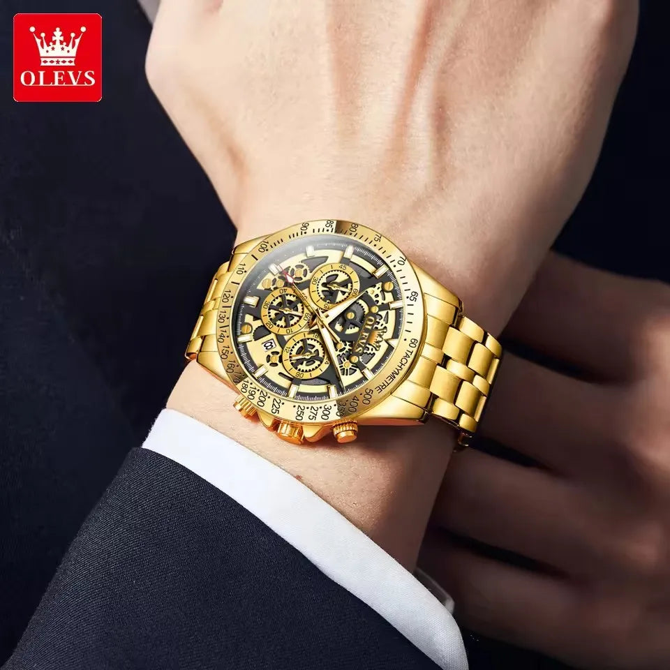 OLEVS Men's Watches Stainless Steel Quartz Watch for Men Waterproof Luminous Chronograph Calendar Men's Wristwatch Gold White