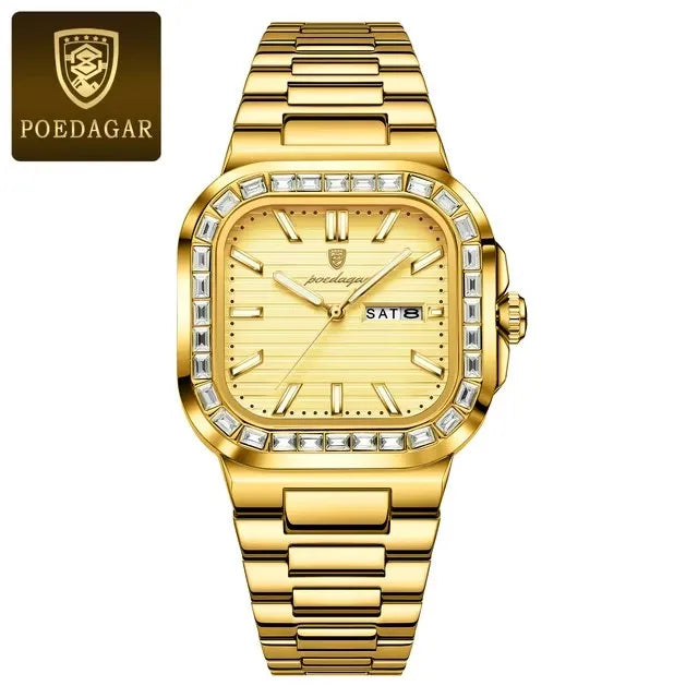POEDAGAR Luxury Watch for Men Waterproof Luminous Date Week Man Wristwatch Stainless Steel Square Diamond Quartz Men's Watches