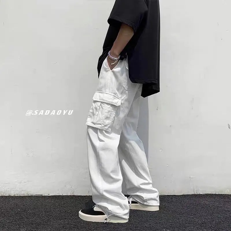ANSZKTN Cargo Pants Men's Casual Pants Summer High Street Loose Retro Black Drawstring Tie Foot Pants
