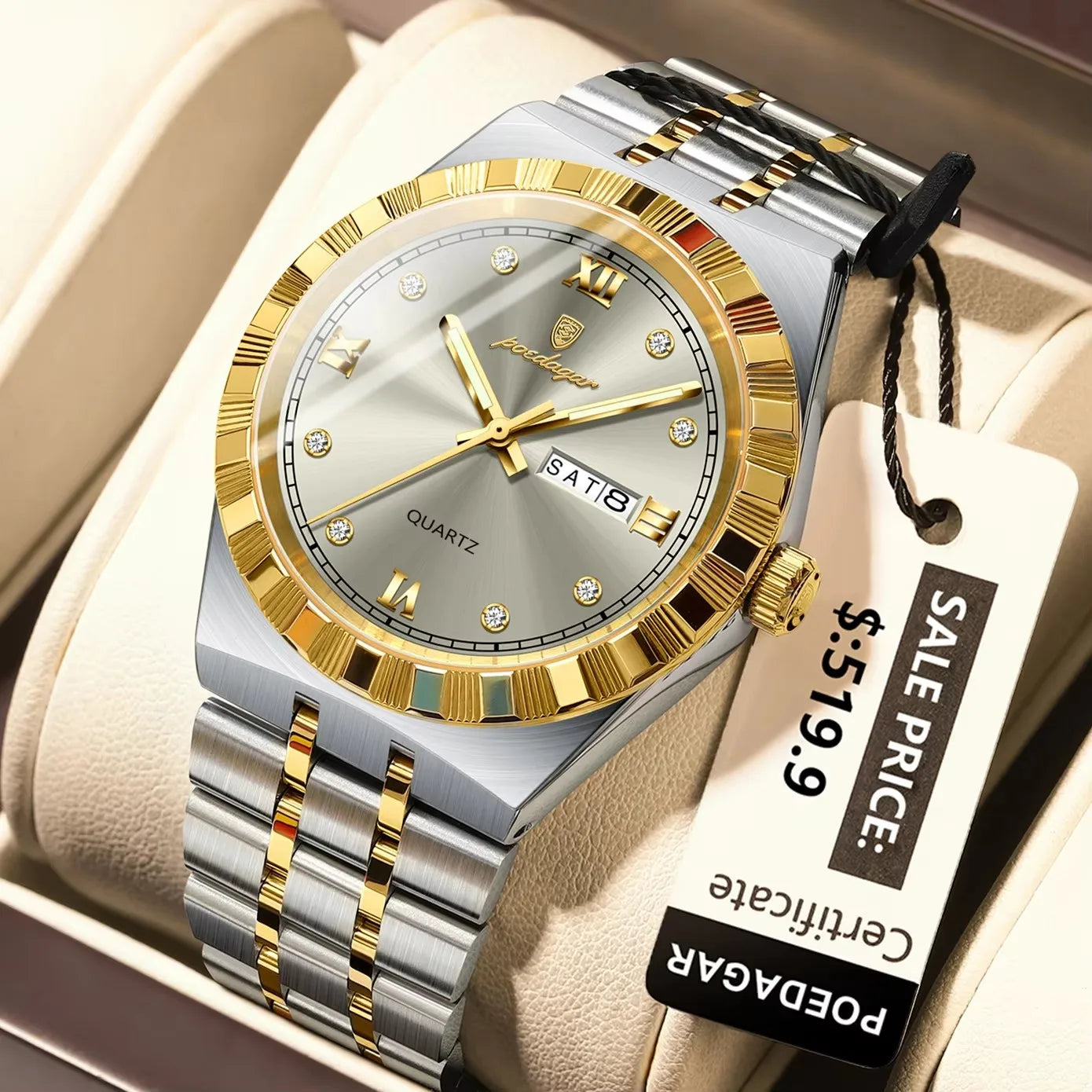 POEDAGAR 872 Week Date Watch Men Life Waterproof Original Diamond Wristwatch Quartz Reloj Luminous Stainless Steel Men's Watches