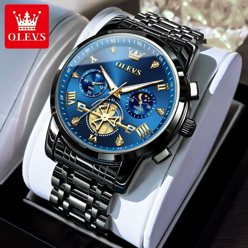 OLEVS 2856 Men's Watches Classic Multifunctional Flywheel Design Stainless Steel Waterproof Moon Phase Men's Wristwatches Trend