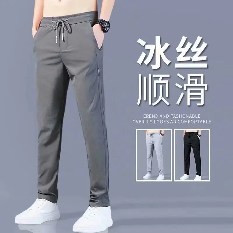 M-5XL Men's Casual Pants Men's Straight Tube Loose and Trendy Sports Pants Summer Ultra-thin Ice Silk Pants