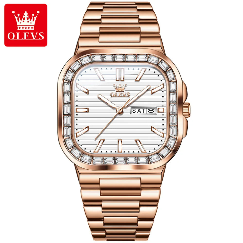 Hot OLEVS Men's Watches Rose Gold Quartz Watch for Man Waterproof Dial Square Wristwatch 9966 Original Movement Male Week Date