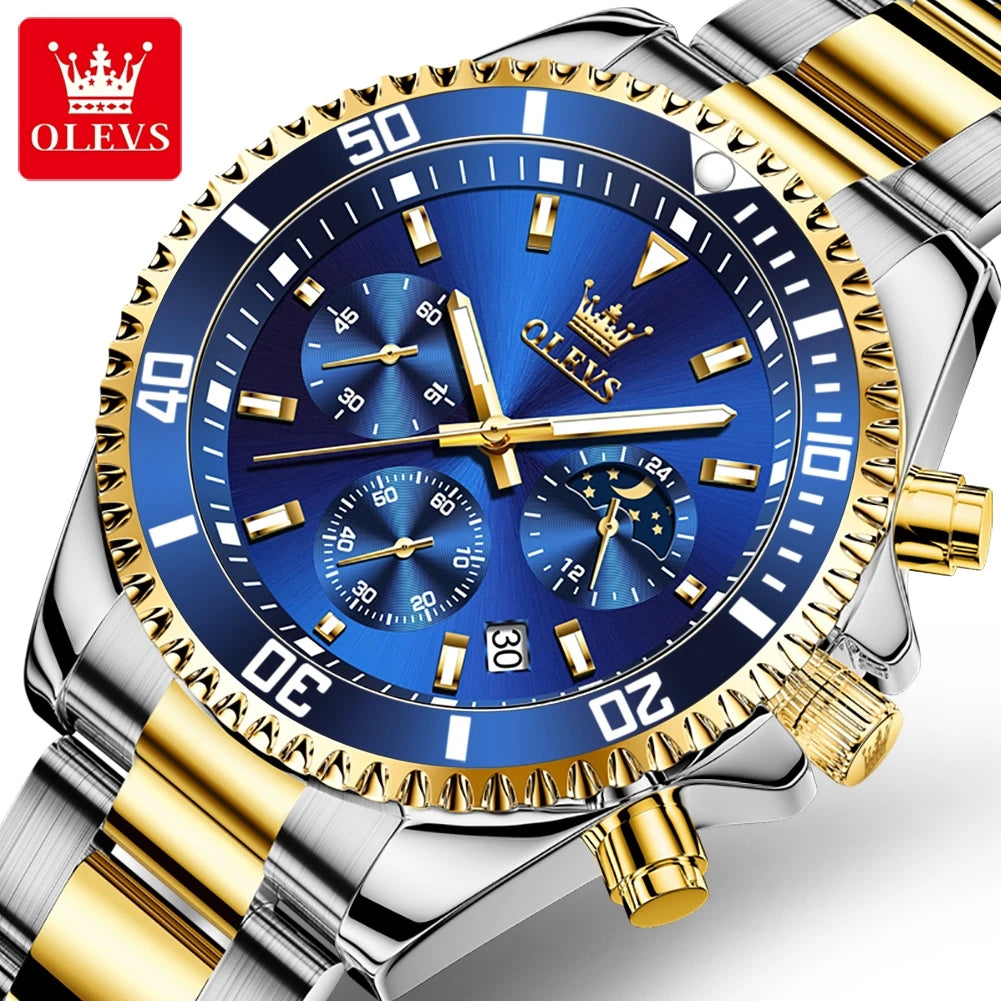 OLEVS 2870 Men's Watches Luxury Watch for Men Original Waterproof Stainless Steel Wristwatch Moon Phase Date Rota Dial