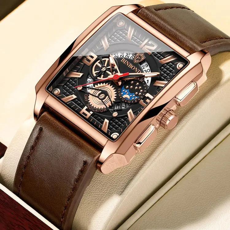 BINBOND B6575 6575 Fashion Brand Stainless Steel Leather Strap Waterproof Men's Watches Luxury Male Wristwatch Relogio Masculino