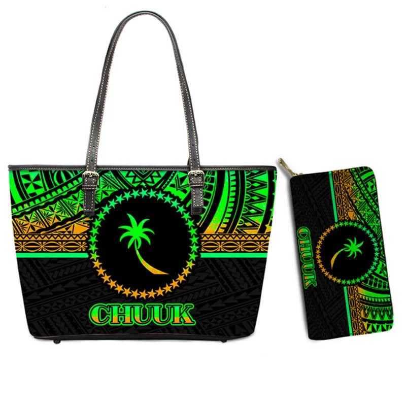 Hawaiian Flower Polynesian Design Print Women Handbags and Purses Set Customized Large Leather Tote Matching Long Zipper Wallet