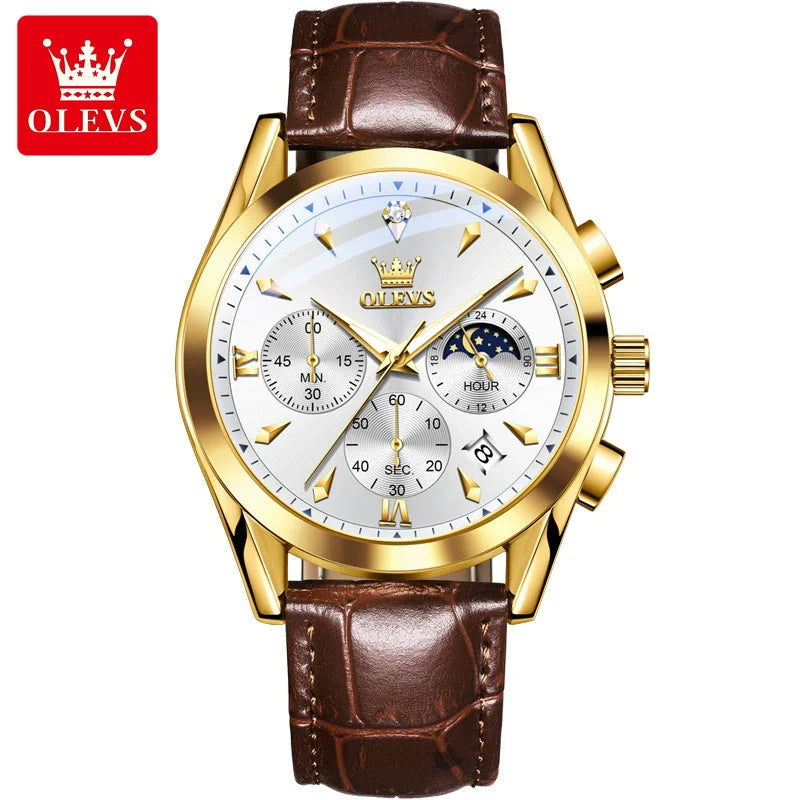 OLEVS New TOP Luxury 3609 Band Wristwatch Men Leather Strap Watch Men Auto Date Chronograph Moon Phase Waterproof Men's Watches