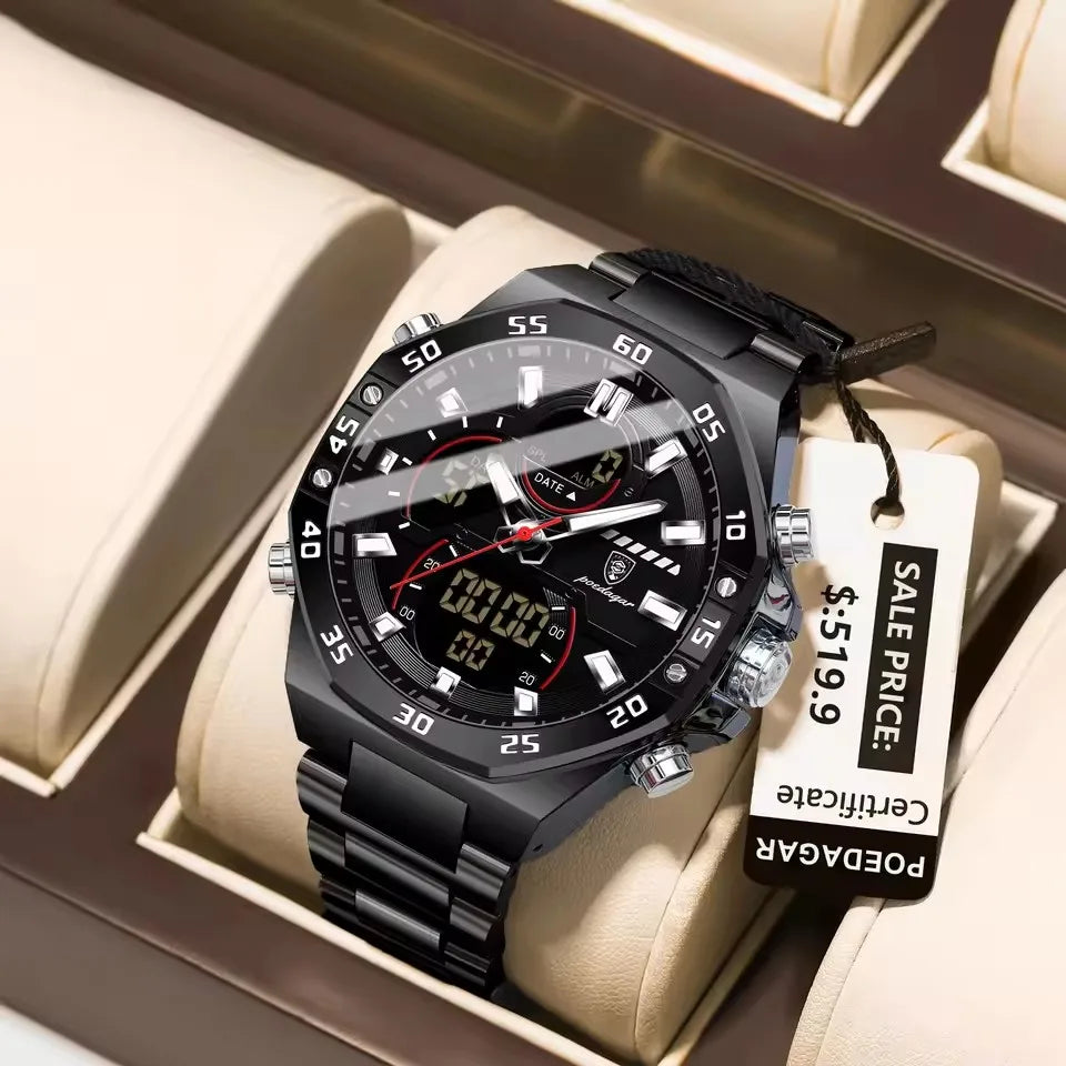 POEDAGAR E101 Man Waterproof Luminous Hand Date Watch Men's Watches Quartz Digital Electronic Stainless Steel Wristwatch for Men