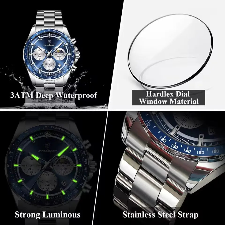 POEDAGAR 879 Luminous Chronograph Date Reloj Watch Original Men Clock Sports Waterproof Man Stainless Steel Quartz Men's Watches