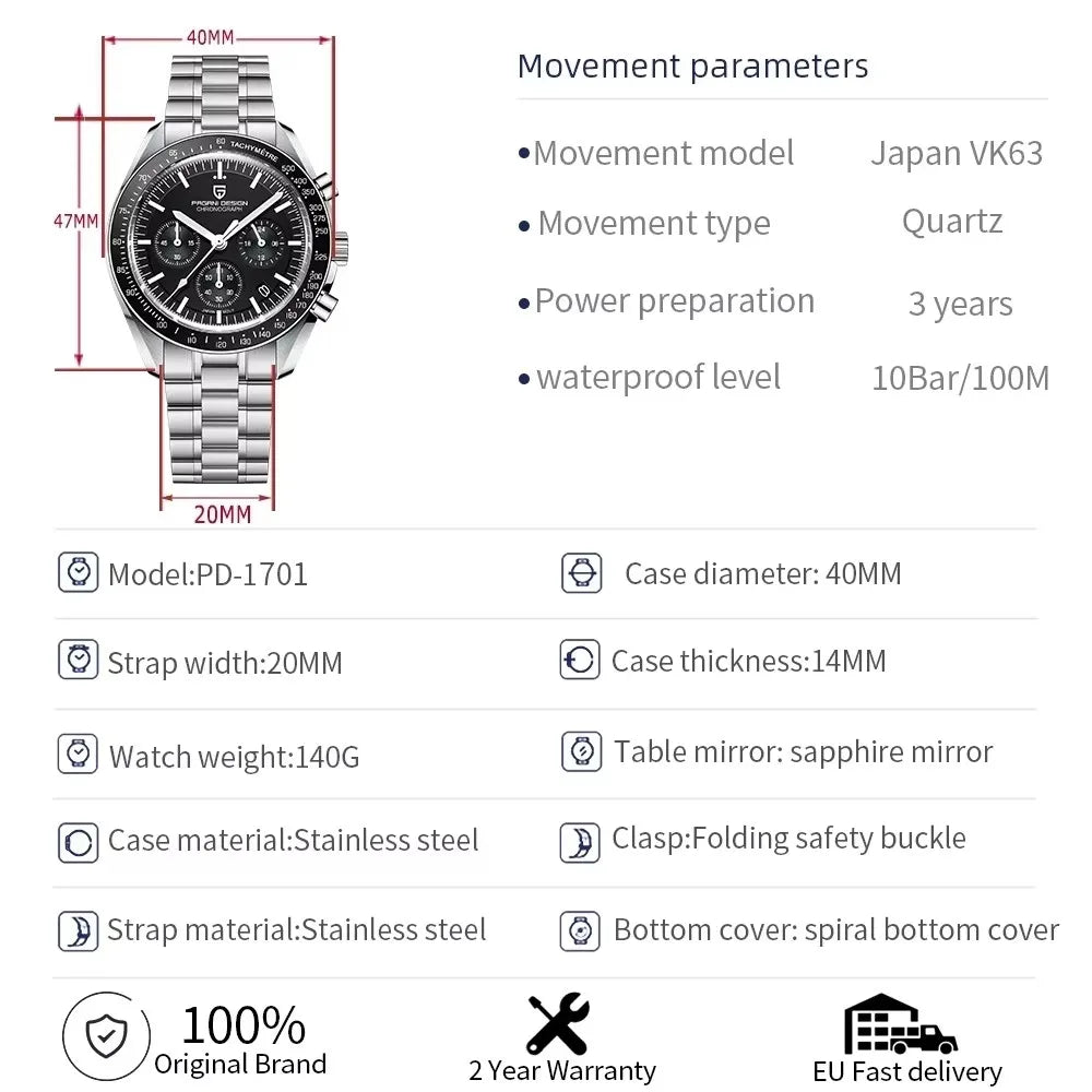 PAGANI DESIGN 2025 New Moon Men's Watches Luxury Quartz Watch Man Chronograph VK63 Men Gifts AR Sapphire Mirror Luminous Clock