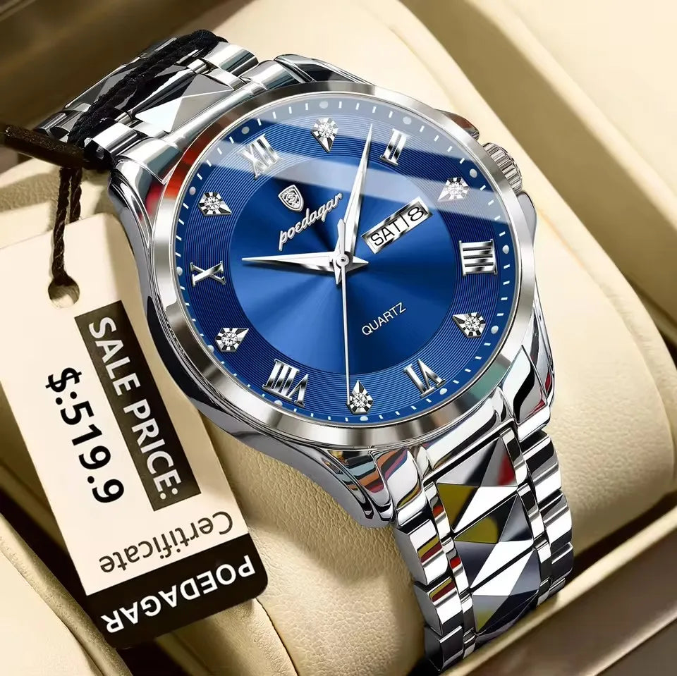 POEDAGAR 883 Date Week Man Wristwatch Stainless Steel Belt Fashion Men Clock Waterproof Luminous Quartz Men's Watches Male Reloj
