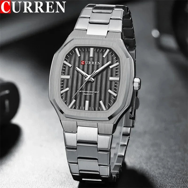 Curren 8458 Square Casual Men's Watches Stainless Steel Bracelet Simple Business Clock Luminous Hands Quartz Wristwatch for Men