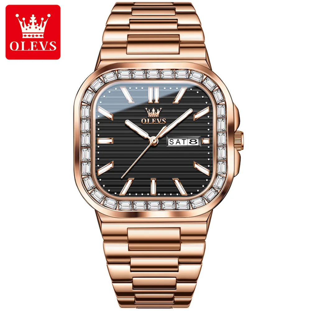 Hot OLEVS Men's Watches Rose Gold Quartz Watch for Man Waterproof Dial Square Wristwatch 9966 Original Movement Male Week Date