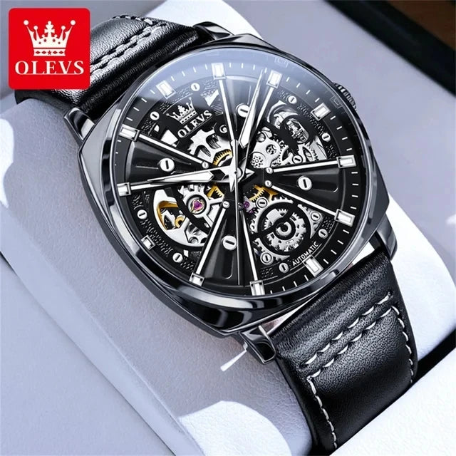 2024 OLEVS 6685 Automatic Men's Watches Hollow Out Style Automatic Mechanical Wristwatch Waterproof Luminous Leather Men's Watch