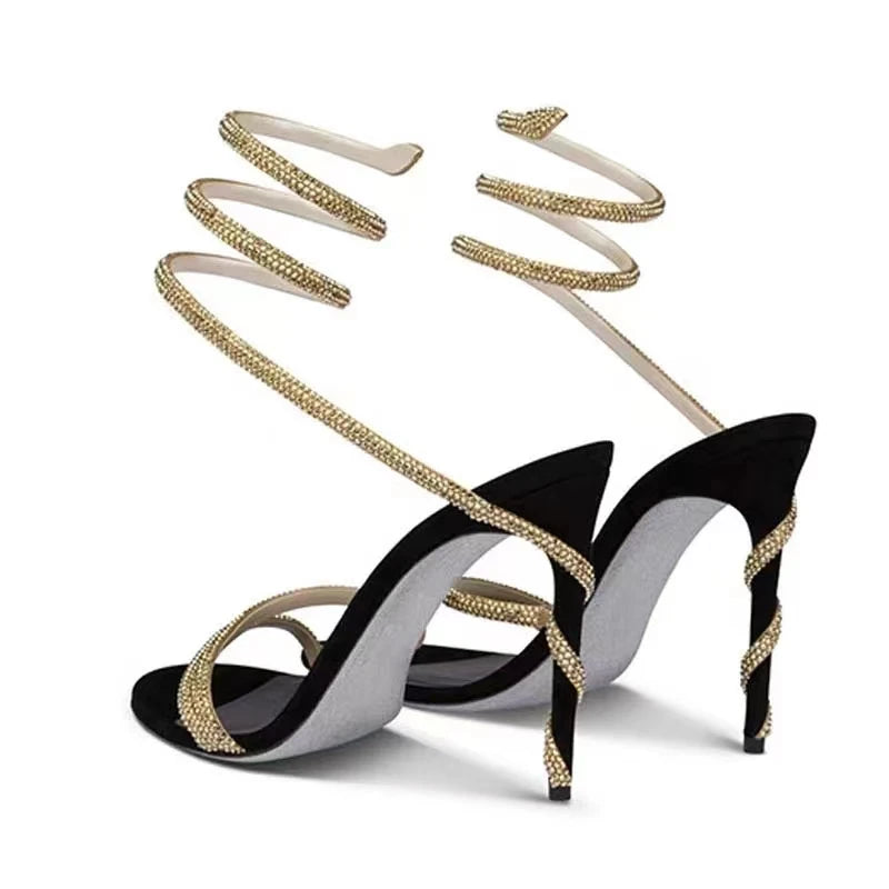 Rome Open Toe Woman Sandals Sexy Thin High Heels Fashionable Snake Straps Breathable Ankle-Style Party Prom Shoes for Wedding