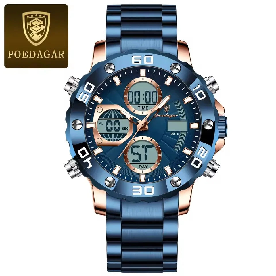 POEDAGAR Classic Men Clock Waterproof Luminous LED Date Week Chronograph Man Watch Dual Digital Display Quartz Men's Watches