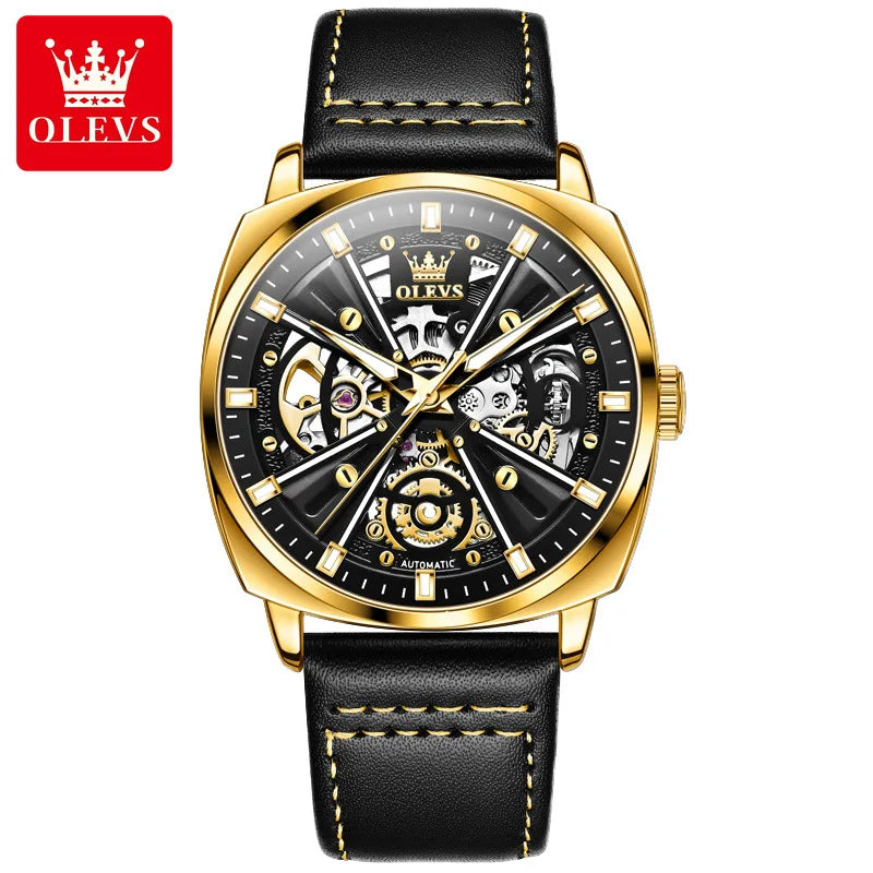 2024 OLEVS 6685 Automatic Men's Watches Hollow Out Style Automatic Mechanical Wristwatch Waterproof Luminous Leather Men's Watch