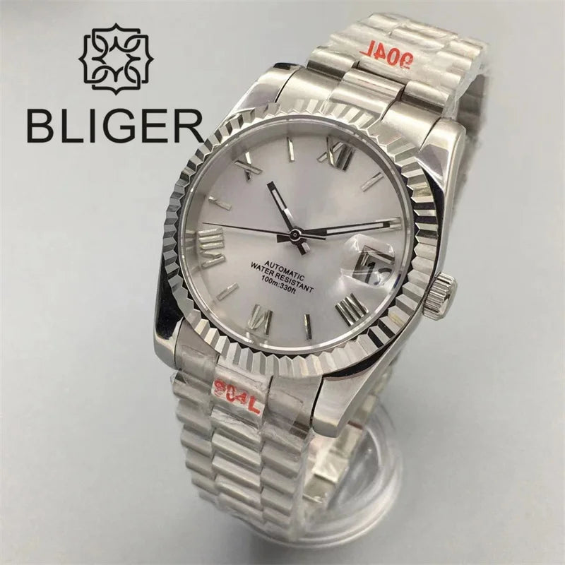 Stylish BLIGER Men's Watches with NH35 Movement 36mm/39mm President Bracelet Fluted Frame ScratchResistant Sapphire Glass