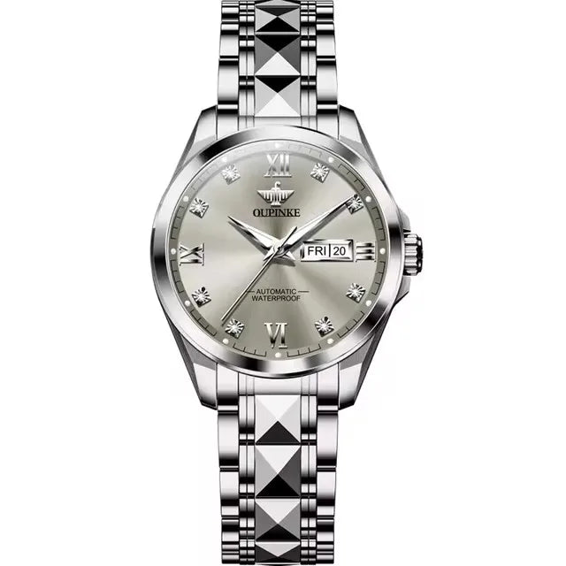 Oupinke 3262 Women's Watches Elegant Trend Girl Silver Tungsten Steel Strap Classic Calendar Date Chronograph Ladies Wristwatch