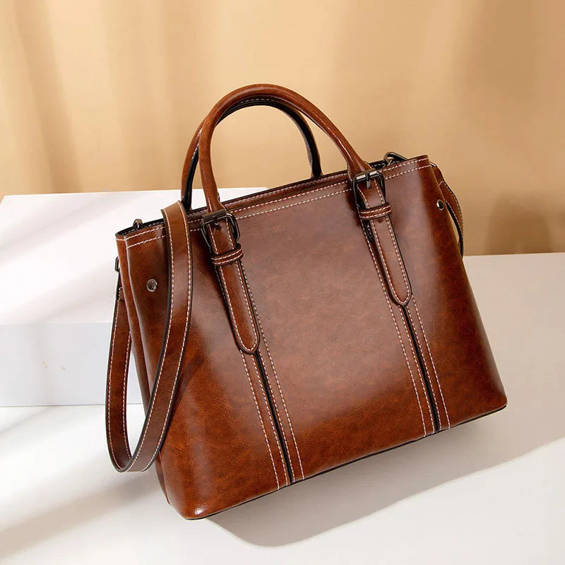 Fashion Style Vegan Oil PU Tote Ladies Shoulder Luxury Hand Bag Leather Bags Women Handbags
