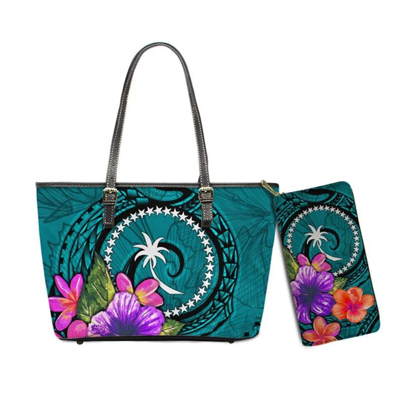 Hawaiian Flower Polynesian Design Print Women Handbags and Purses Set Customized Large Leather Tote Matching Long Zipper Wallet