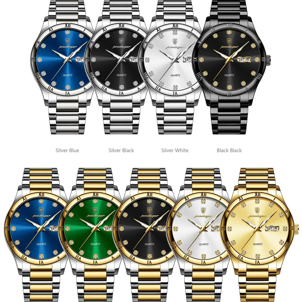 POEDAGAR 878 Top Luxury Watch Man Date Week Waterproof Luminous Man Wristwatch Quartz Stainless Steel Men's Watches Sports Reloj