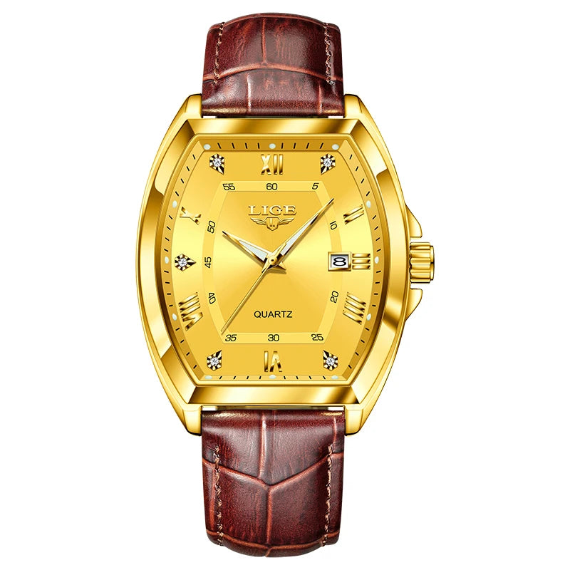LIGE Men's Watches Luxury Original Top Brand Quartz Watch for Men Leather Waterproof Luminous Diamond Dial Date Male Wristwatch
