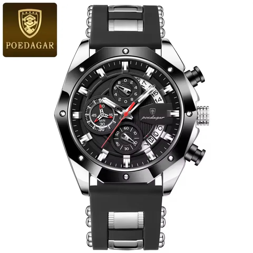 POEDAGAR 913 New Luxury Men Watch Waterproof Luminous Date Sport Man Wristwatch Chronograph Silicone Strap Quartz Men's Watches