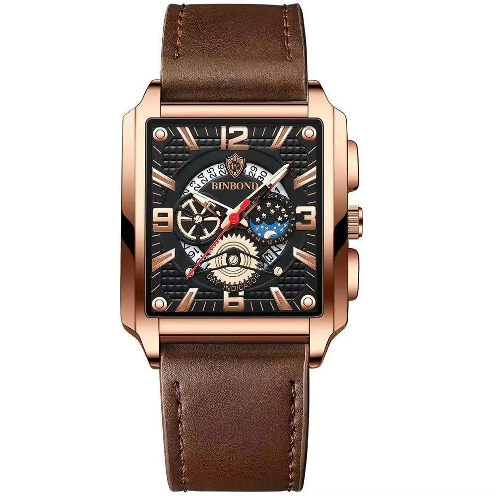 Binbond B6575 6575 Casual Square Waterproof Watch Stainless Steel Quartz Wrist Genuine Leather Belt Luminous Hands Men's Watches