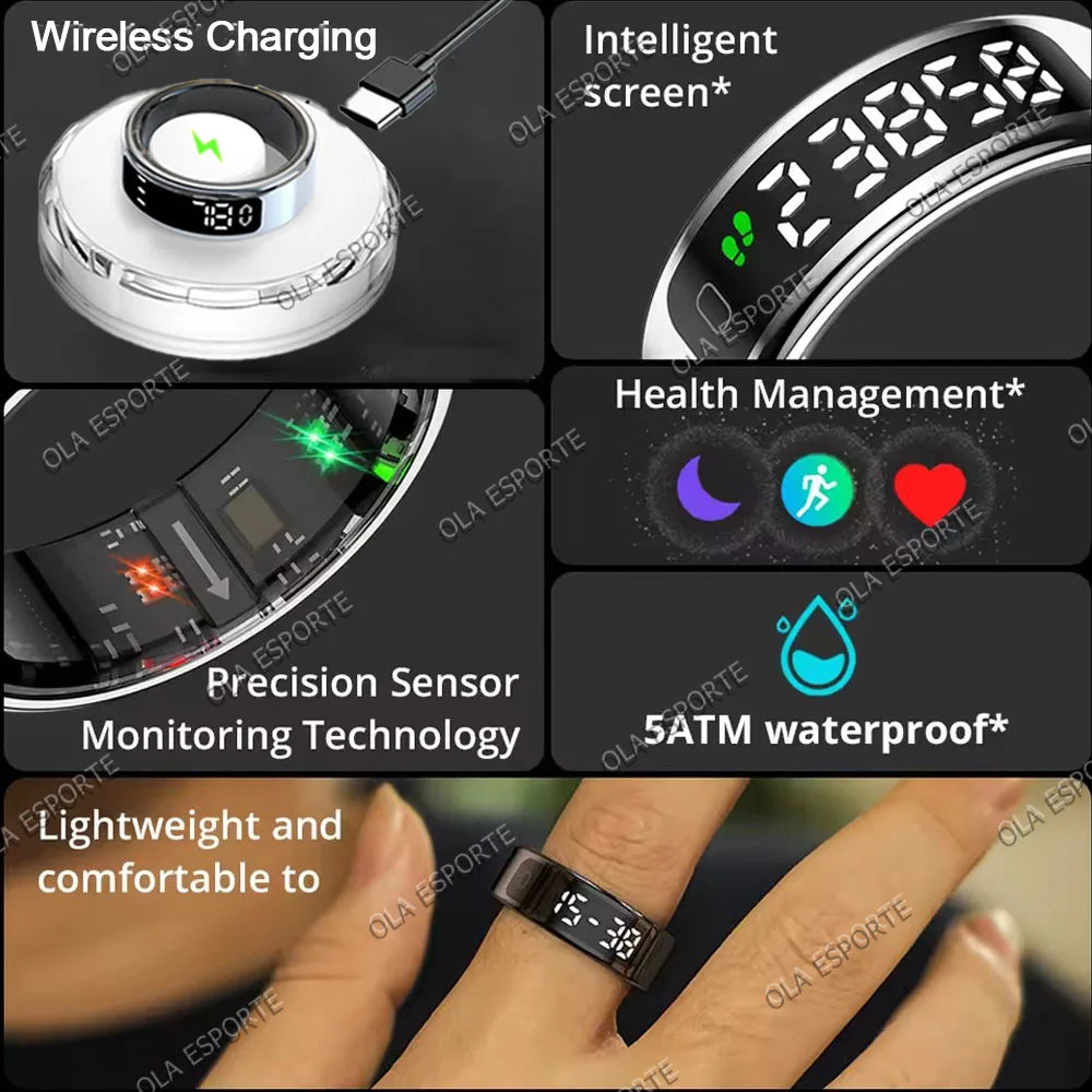 Smart Ring with Display Screen and Touch, Wireless Charging, Health Manager, Multiple Sport Mode, 5 ATM Waterproof For Men Women