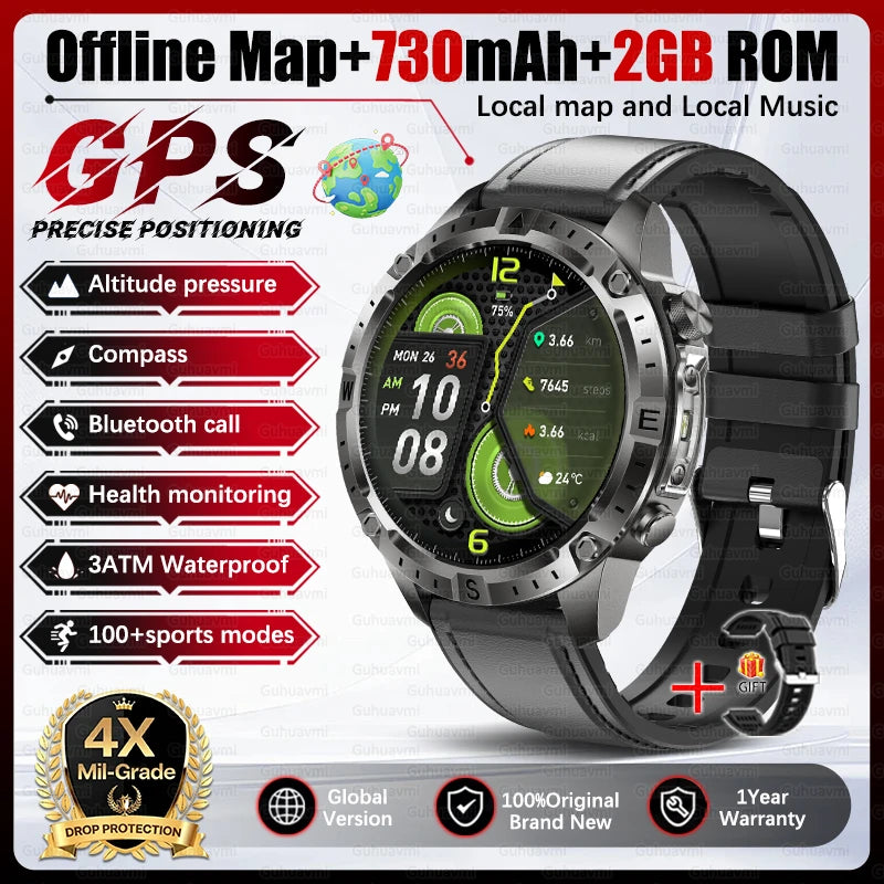 Dual-Band GPS Smart Watch Men Tactical Military Grade 1.43" AMOLED Offline Map 100+Sports 3ATM Waterproof 730mAh Battery Watches