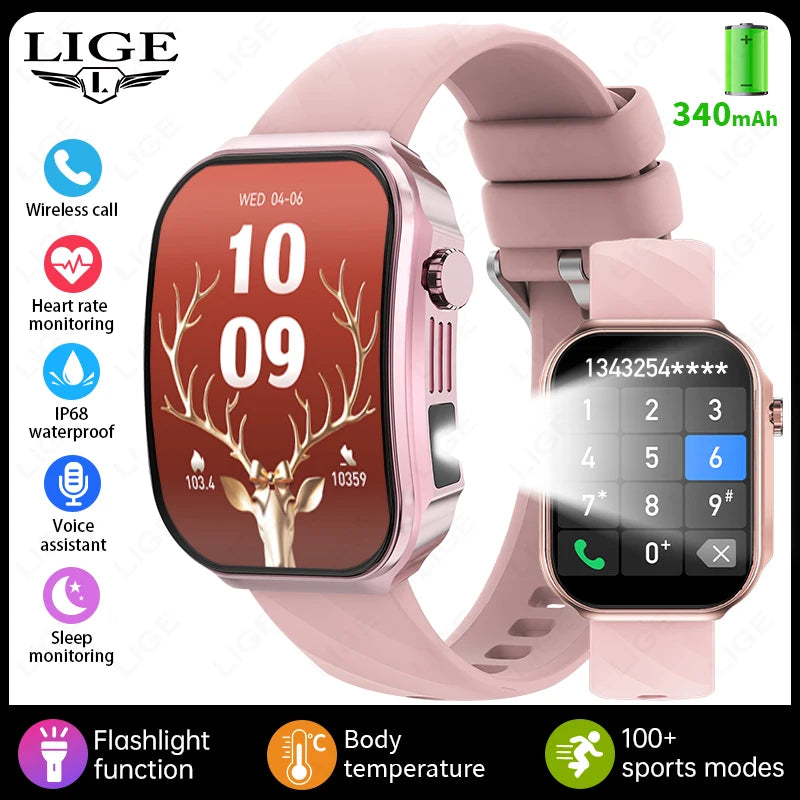LIGE New 2.2 inch 3D curved Screen Smart Watch Men Bluetooth Call Flashlight 100+Sports Mode Man Watch Waterproof Men Smartwatch