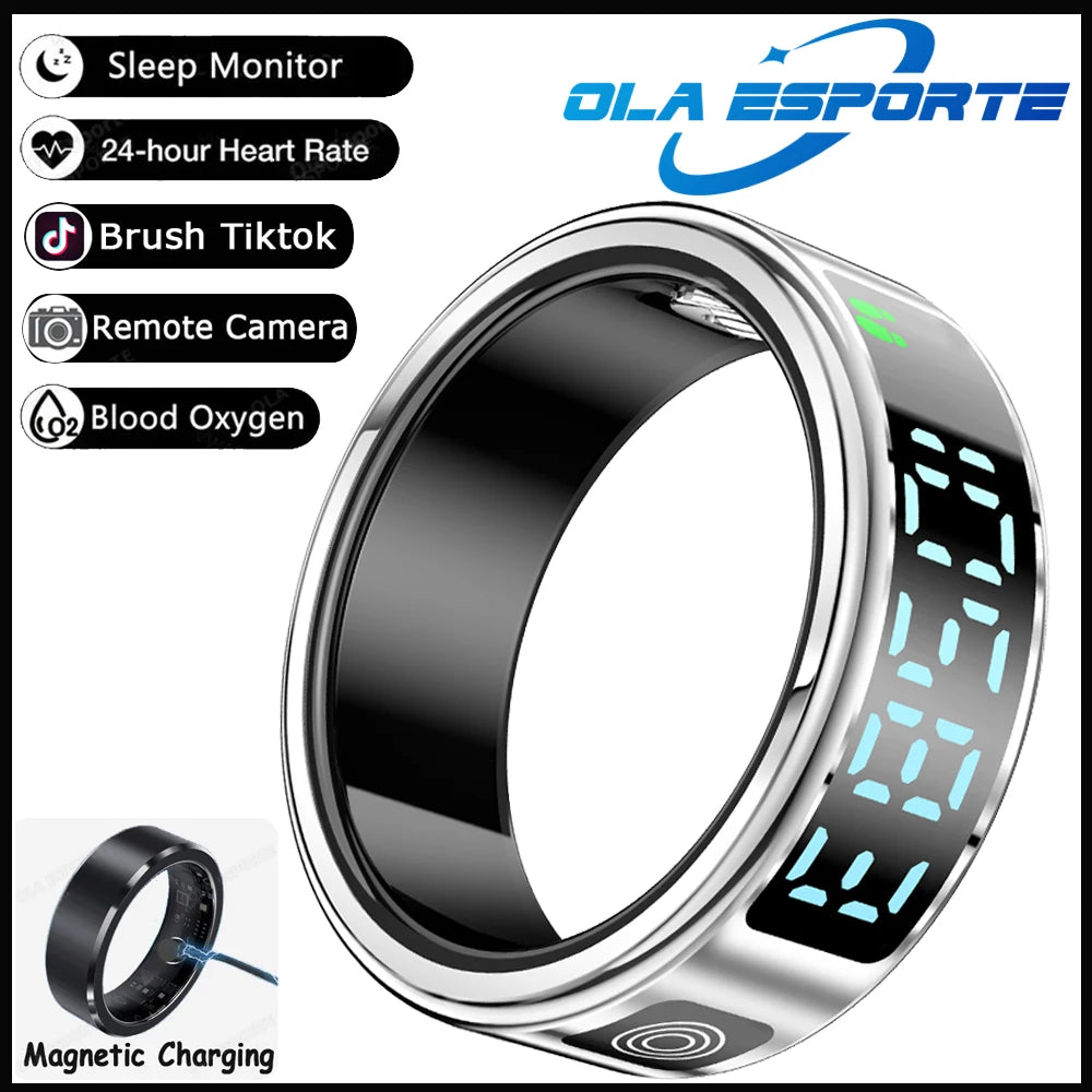 SR08 Smart Ring with Charging Box for Men Women LED Display Screen Gesture Control Health Monitor 5ATM Waterproof Sports Rings