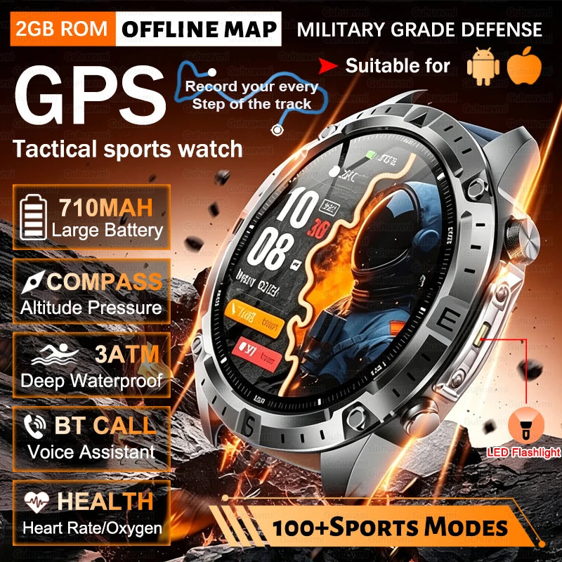 Dual-Band GPS Smart Watch Men Tactical Military Grade 1.43" AMOLED Offline Map 100+Sports 3ATM Waterproof 730mAh Battery Watches