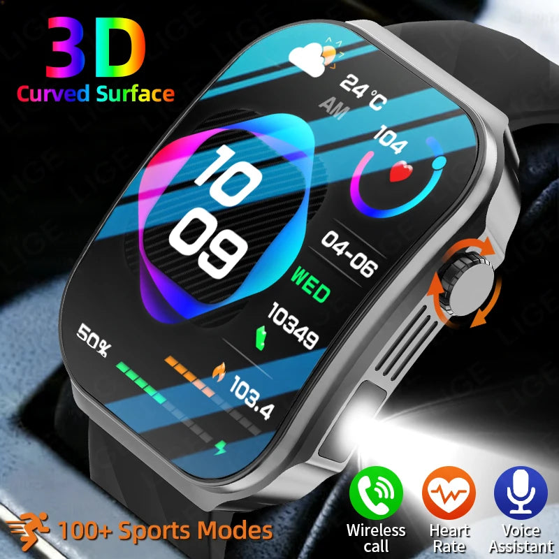 LIGE New 2.2 inch 3D curved Screen Smart Watch Men Bluetooth Call Flashlight 100+Sports Mode Man Watch Waterproof Men Smartwatch