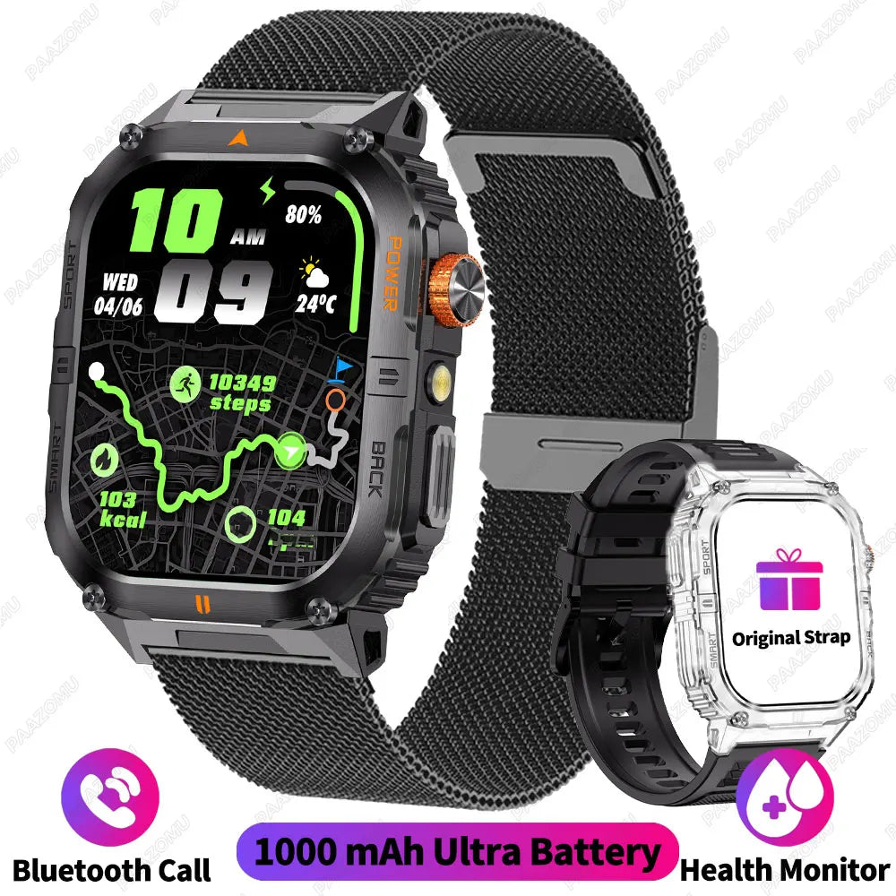 Outdoor Smart Watch for Men 1200mAh Battery LED Flashlight BT Calls Heart Rate 100+ Sports Modes Fitness Tracker for Android/iOS