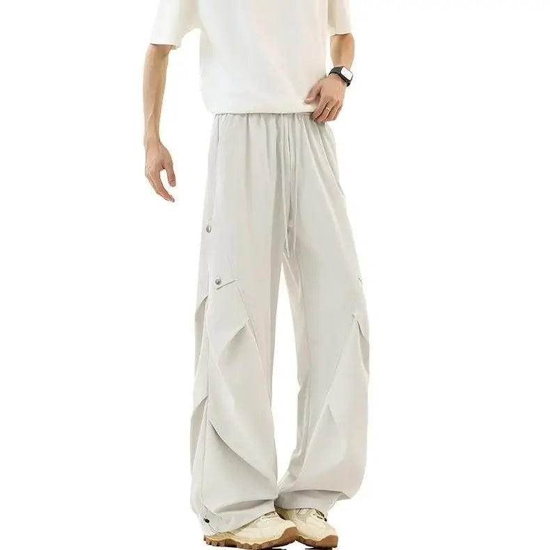 Casual Quick-dry Pants for Men American-style Workwear with Pleats New Summer Thin and Trendy Loose Straight-leg Pants