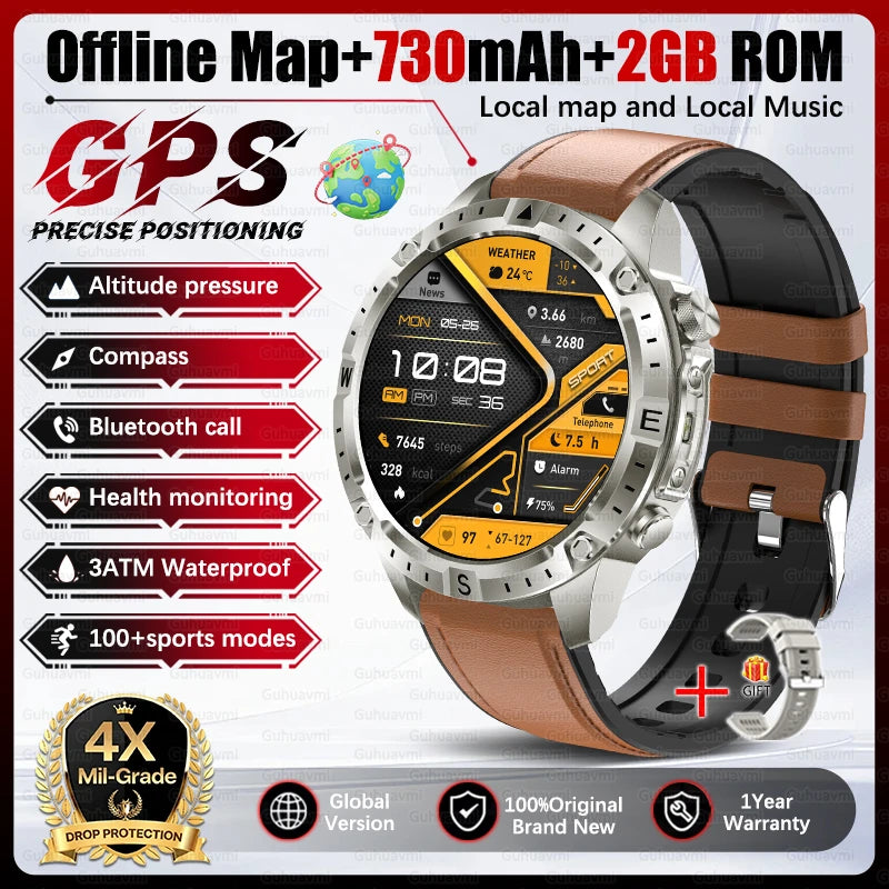 Dual-Band GPS Smart Watch Men Tactical Military Grade 1.43" AMOLED Offline Map 100+Sports 3ATM Waterproof 730mAh Battery Watches