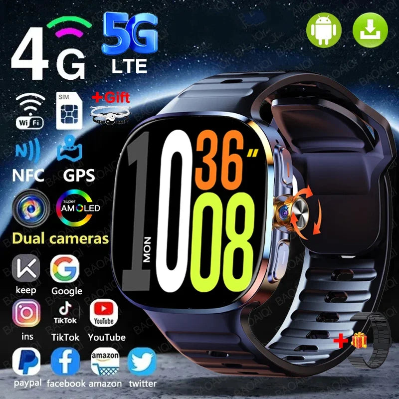 New Large Screen Smartwatch 4G/5G SIM Card Android 10.0 AMOLED 2.4 inch 900W Pull-out Swivel Camera smart watches 16GB+256GB RAM